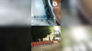 Dual cam: Exhibitionist sissy in thong getting her bottom naked in the street