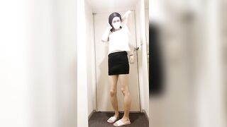 Japanese crossdresser masturbates in micromini and cums on her hands