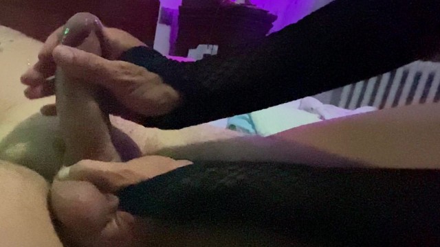 Night time handjob with soft ballbusting: she massages cock and balls