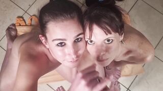 Two cum sluts beg for guy to cum in their eyes | piss eyes clean