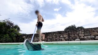 Twink Pool Boy Enjoys His Job And Jerks His Huge Uncut Cock By The Pool