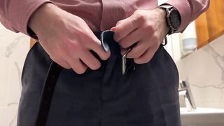 Hairy guy in suit pissing and jerking off at office toilet and cum into restroom's sink