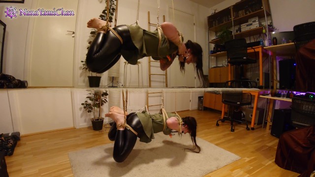 Shibari & Petplay fun! Part 2; Girl in suspension w crotch rope is gagged & pleasing her master!