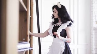 Maid sniffs her red panties