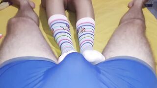 Sock fetish, sockjob on underwear wearing cute socks, cum in pants footjob