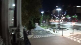 Outdoor public pissing from a balcony in America