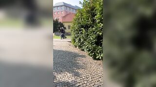 Pee in her leggins, changing on public street