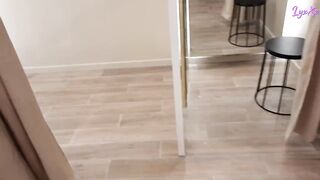 Public masturbation in dressing room and intense orgasm while listening to people on the other side