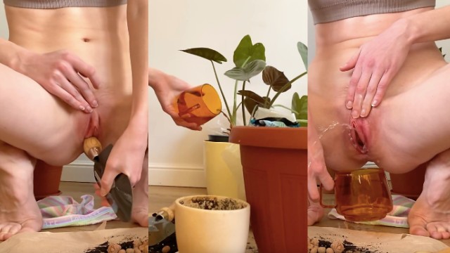 She puts garden spatula in wet pussy and waters her plants with squirt [Full on Manyvids] - Fetish