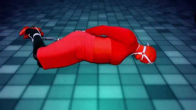 Selfbondage in red on the dance floor with ice lock