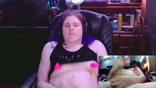 Trans girl streamer gamer girl plays with clit stick. Dabs.Gets sweaty trying to cum a second time