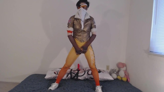 Cute Femboy in Tracer Cosplay Teasing Her Ass