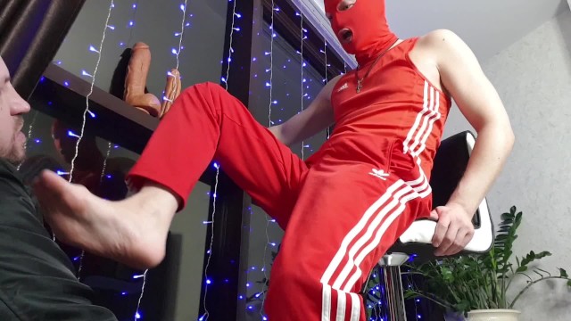 Dominant in Adidas dominates skinhead very hard - foot and dildo fucks in the mouth and slaps feet