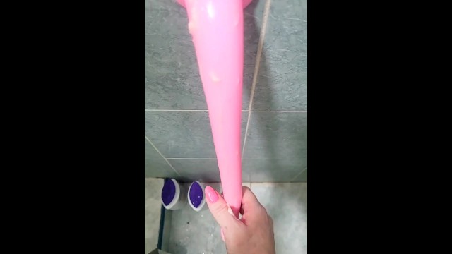 Fucking my new two foot long pink dildo in the shower first time!