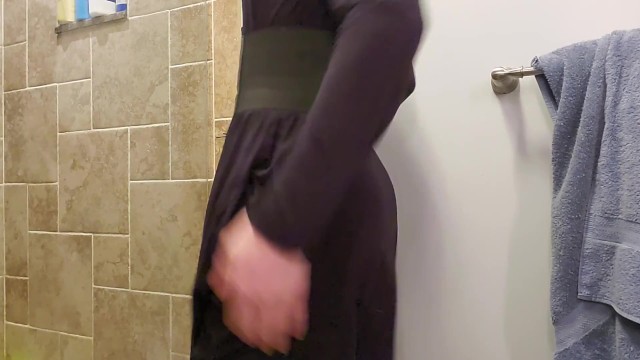 Trans femboy plays with his ass in a dress and fishnets