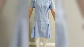 Crossdresser Wearing a Blue Gingham Dress and Jerking off on a pull-up Diaper 男の娘 洋服 偽娘