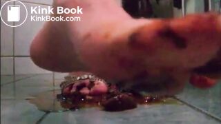 Girl shit on sandal then wear it