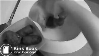 black and white pooping