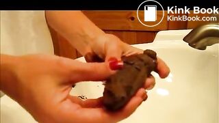 Curly girl shitting in the Sink