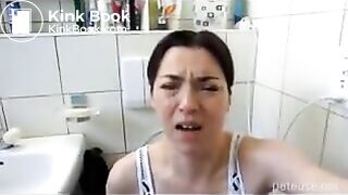 dark haired woman poops