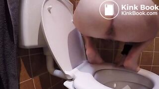 Constipated struggle over toilet