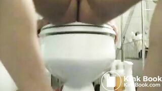 Teen with bush pushes dildo with big shit