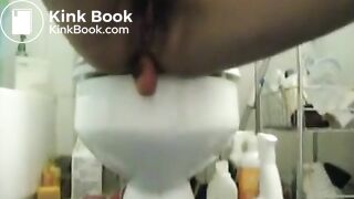 Teen with bush pushes dildo with big shit