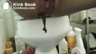 Teen with bush pushes dildo with big shit