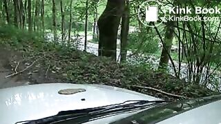 Girl liquid shitting on a white car hood