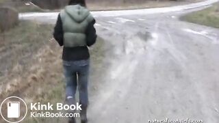 Girl shit and pissing on a bench by the stone wall - Pooping