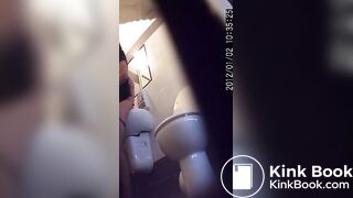 woman has diarrhea in a public toilet