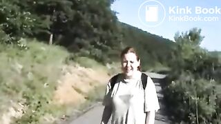 Chubby girl pooping in nature