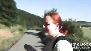 Chubby girl pooping in nature