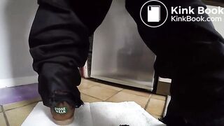 Petite girl's big poop on bathroom floor