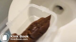 cute girl poops in a plastic food container