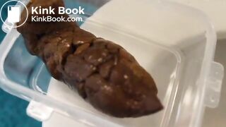 cute girl poops in a plastic food container