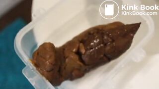 cute girl poops in a plastic food container