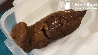 cute girl poops in a plastic food container