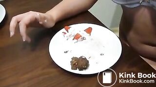 Dirty wife eating poop with strawberries