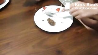 Dirty wife eating poop with strawberries