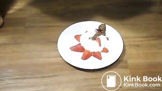 Dirty wife eating poop with strawberries