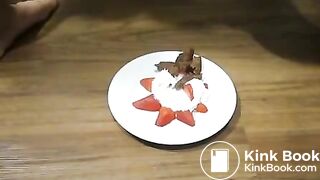 Dirty wife eating poop with strawberries