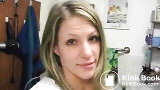 pretty blonde in leggings pants poos a toilet