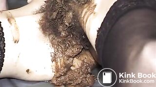 Smearing brown poop on a brunette slut