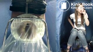 Beautiful presenter "demonstrate" how to use emergency toilet