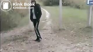 Amateur chick shitting on the road in the park - Scat Video Collection