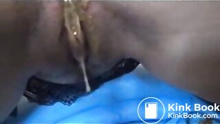 sticky pussy juice dangling while wife is shitting