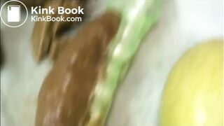 Pooping out dildo with shit and war face and body makeup