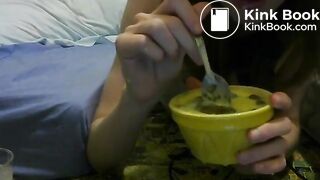 girl enjoys eating  scat custard and pudding