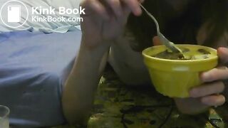 girl enjoys eating  scat custard and pudding